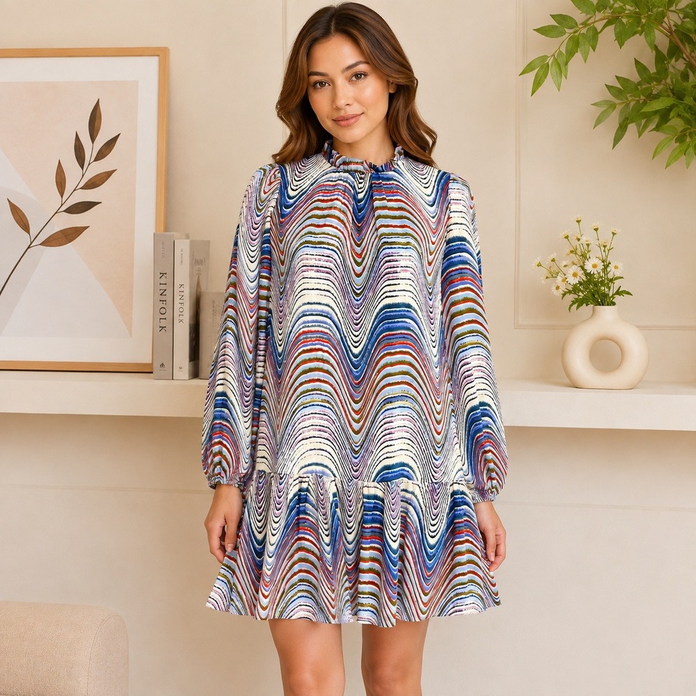 Corey Lynn Calter Mini Dress XS Multicolor Psychedelic Wave Ruffle Hem Colorful